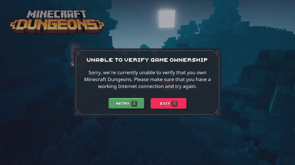 Unable to verify ownership in Minecraft Dungeons